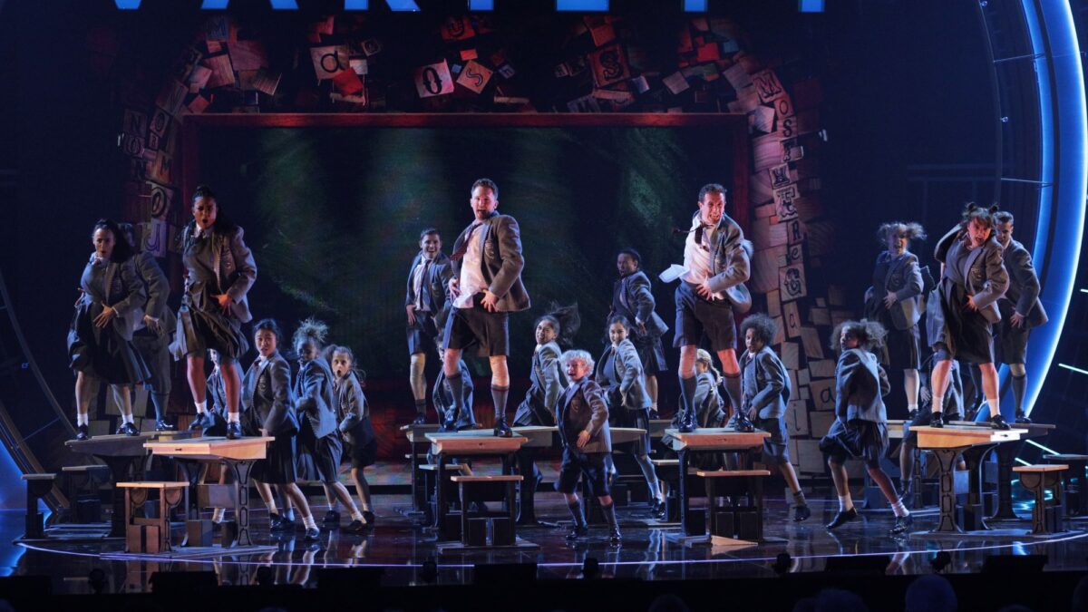Cast of Matilda performing on stage at the Royal Albert Hall. Picture: ITV. Photographer: Matt Frost