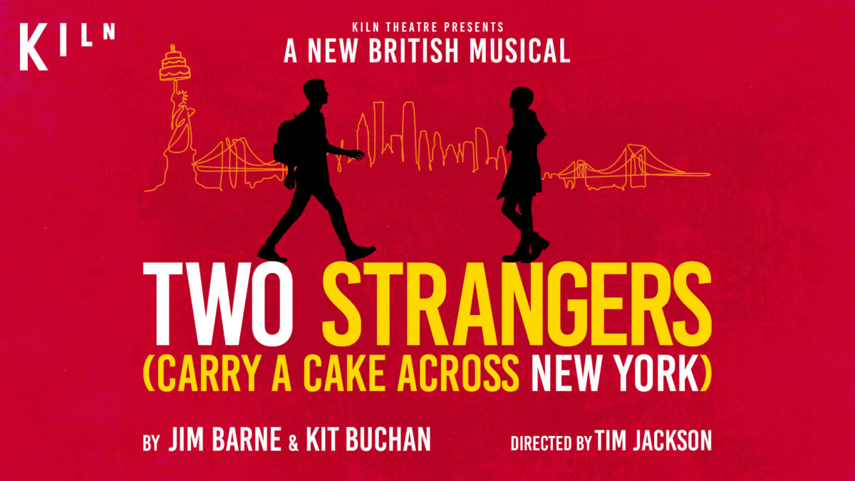 Two Strangers (Carry a Cake Across New York) title artwork. Two silhouetted people seen standing opposite one another with an outline of the New York skyline in the background