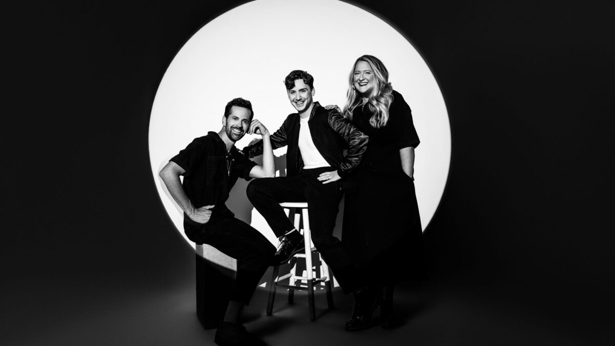 Robbie Fairchild, Drew McOnie & Lindsey Ferrentino pose together in a black and white photo